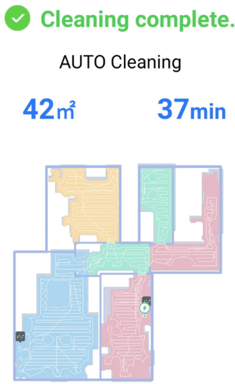 In der Ecovacs Home App wird gezeigt, wie schnell der Ecovacs Deebot T9 AIVI die Wohnung gereinigt hat